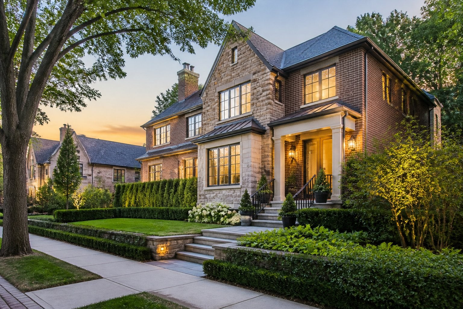 An upscale brick home on a landscaped, tree-lined residential street in Arlington, Virginia.