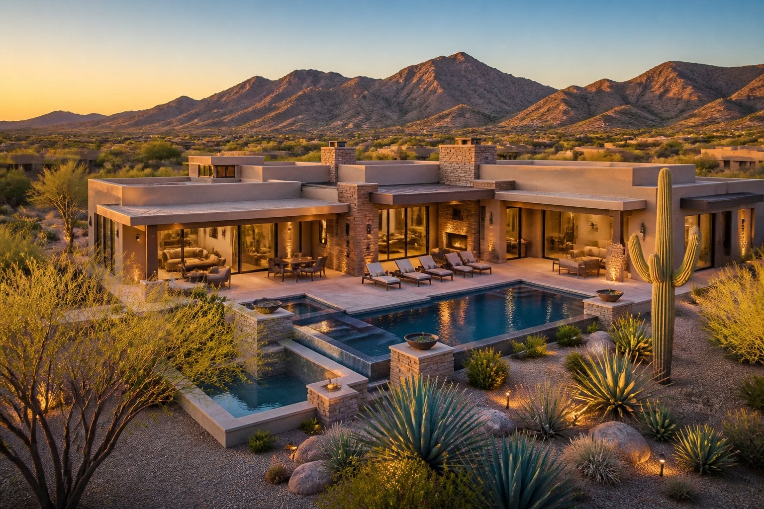 A luxurious desert home with a swimming pool and landscaped grounds in Scottsdale, Arizona, with mountains in the background.