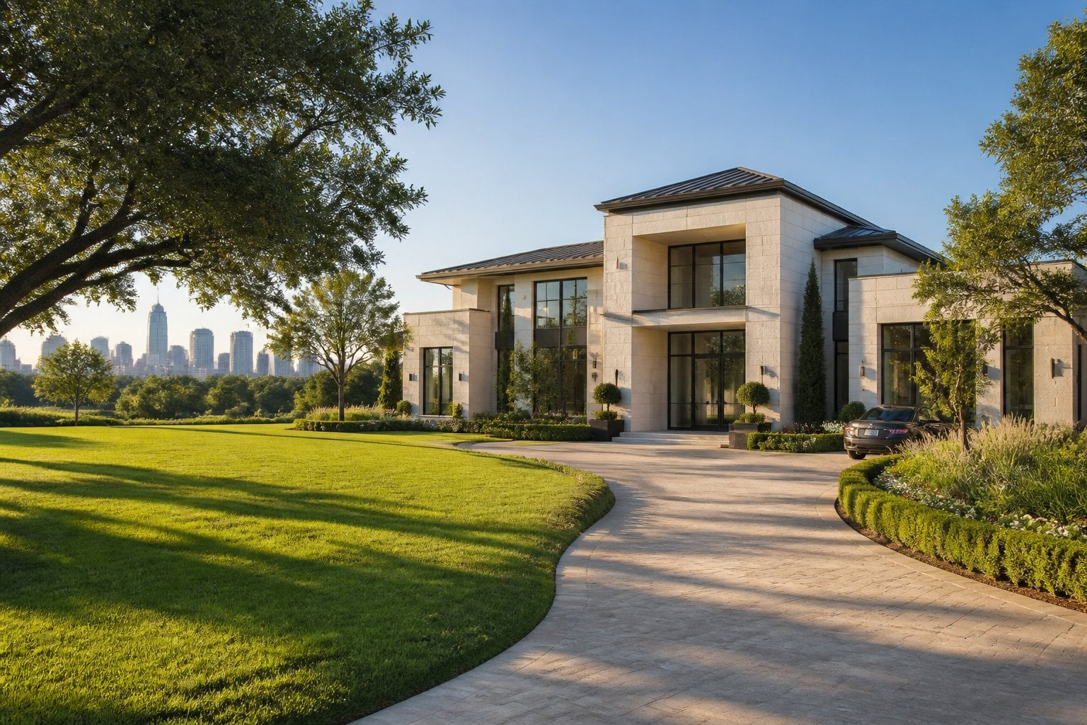 A grand luxury home with manicured landscaping in an upscale Dallas neighborhood.
