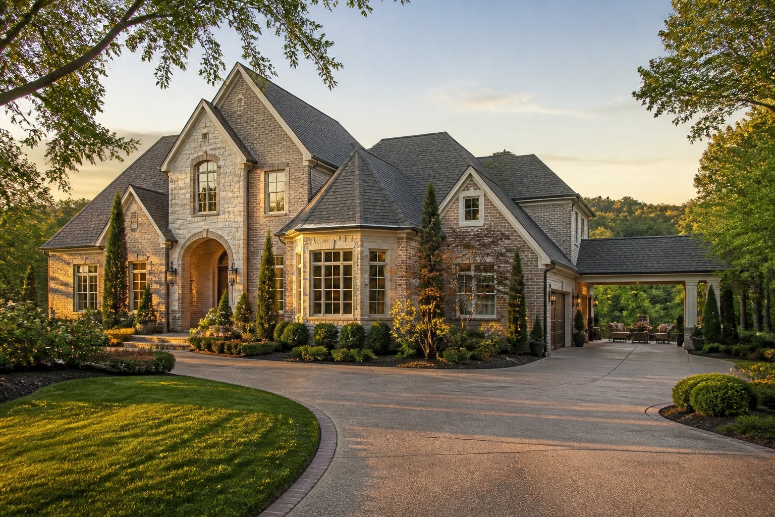 A luxurious brick home with landscaped grounds in a leafy Nashville neighborhood.