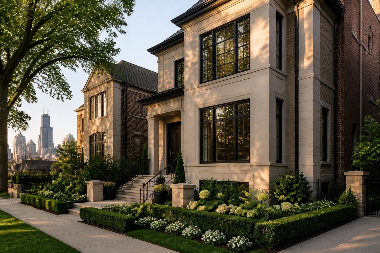 An elegant luxury home on a landscaped street in an upscale Chicago neighborhood.