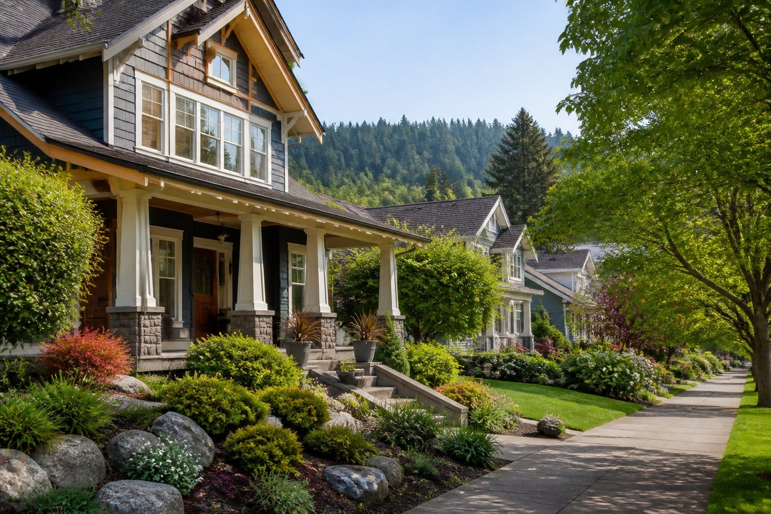 An upscale craftsman home on a leafy residential street in Portland, Oregon, with forested hills in the distance.