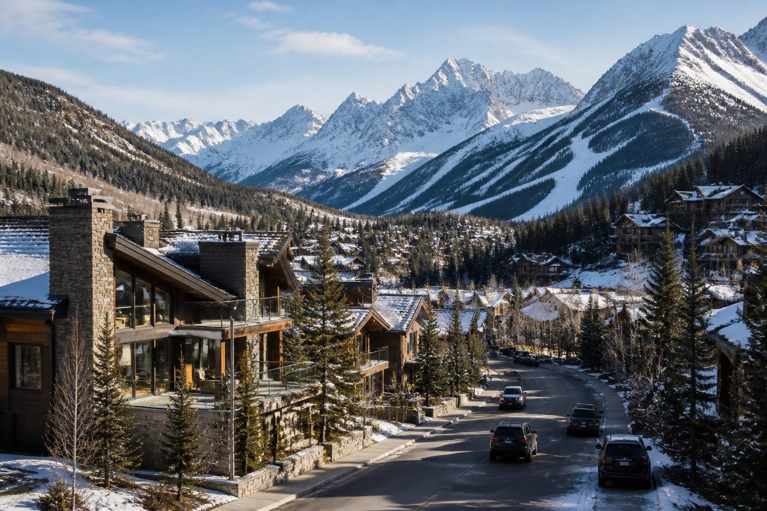 An upscale mountain town with luxury homes and lodges beneath snow-capped peaks.