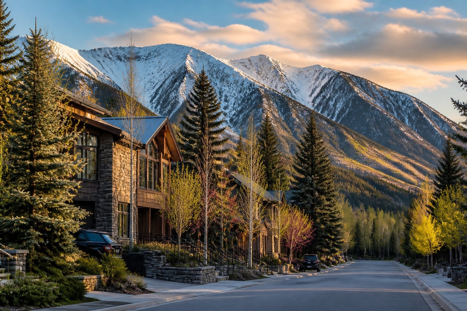 Luxury homes and chalet-style buildings surrounded by evergreen trees beneath snow-capped mountains in Aspen, Colorado.