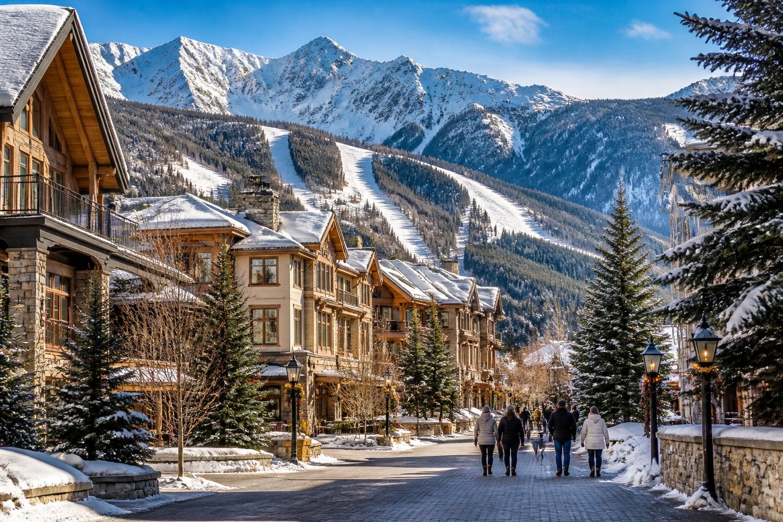 A snow-covered luxury mountain village in Vail with alpine peaks, evergreen trees, and skiers nearby.