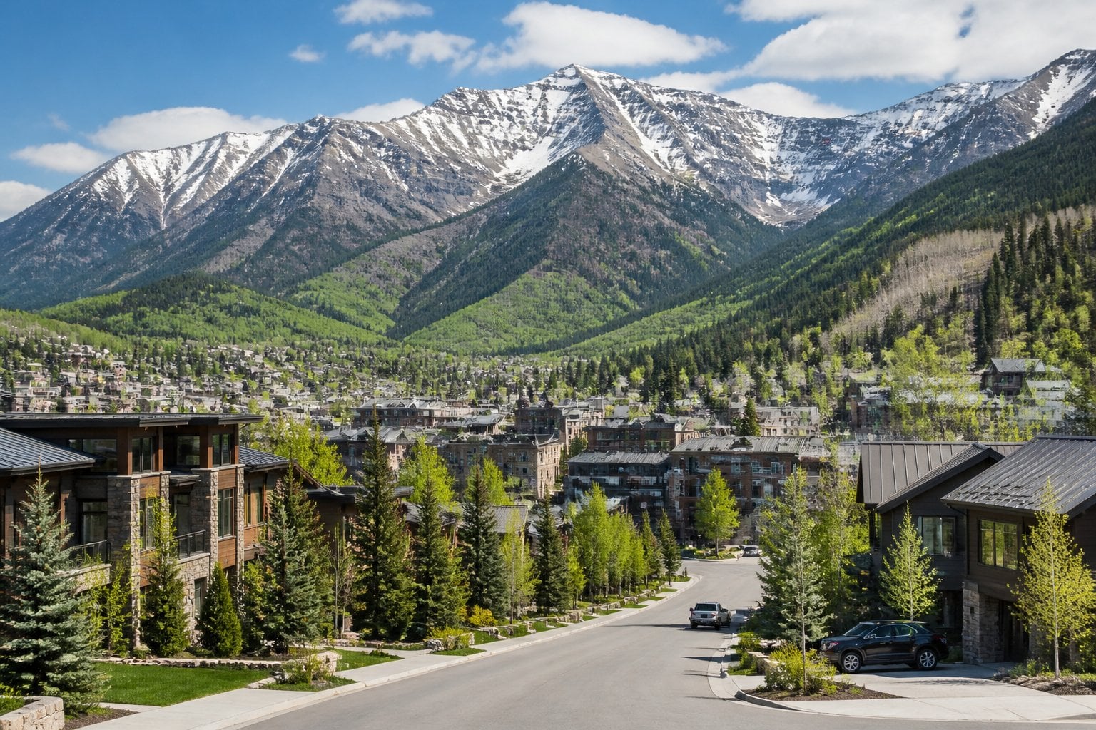 A scenic view of Telluride, Colorado, with an upscale mountain town beneath rugged, snow-dusted peaks.