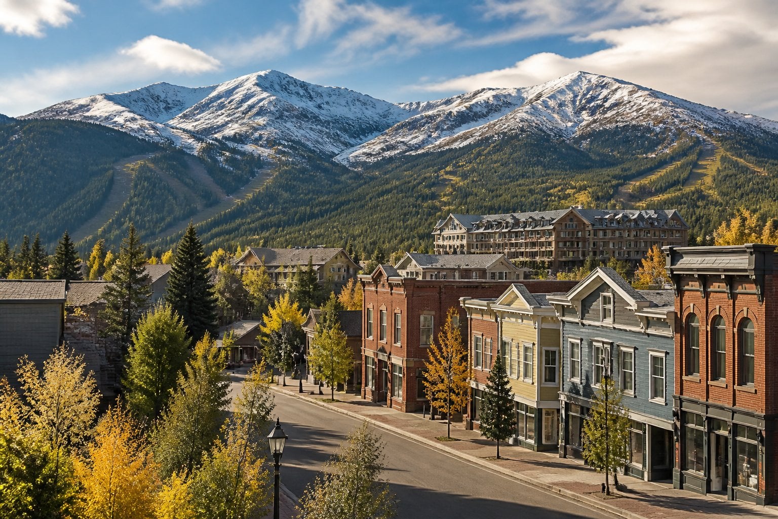 A historic mountain town in Breckenridge surrounded by snow-capped Rocky Mountain peaks.