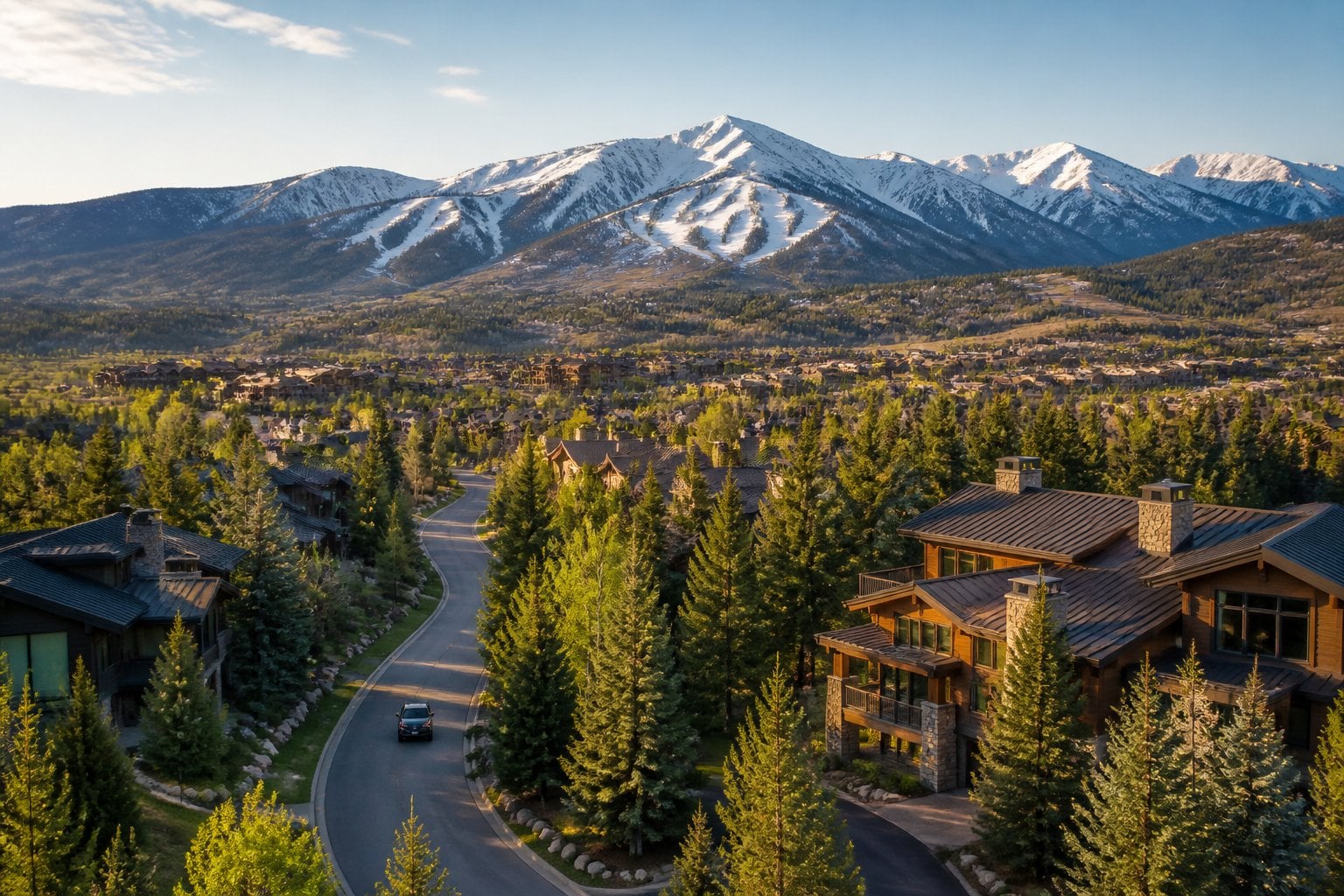 A scenic view of Steamboat Springs nestled among evergreen forests and snow-capped Colorado mountains.