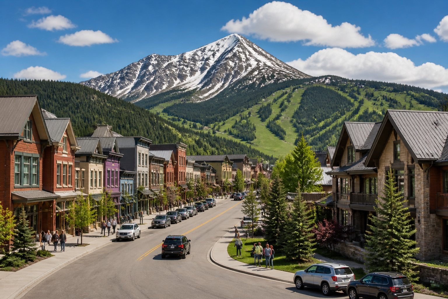A charming mountain town surrounded by snow-dusted peaks, evergreen forests, and alpine slopes.