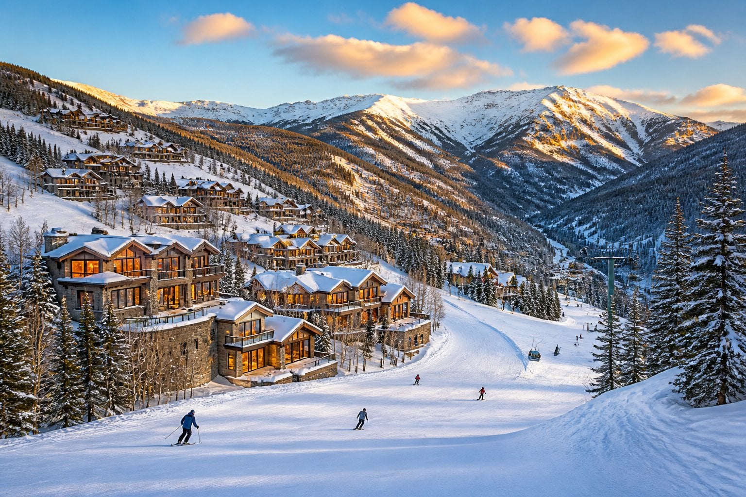 Snow-covered Snowmass Village with luxury mountain homes, evergreen forests, ski slopes, and Rocky Mountain peaks in the background.