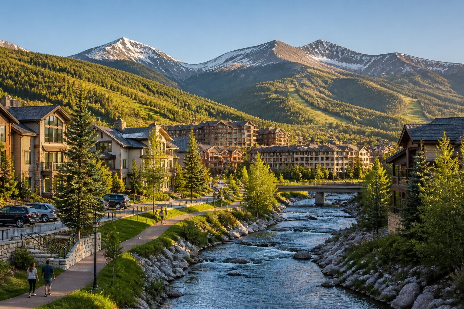 A scenic view of Avon, Colorado, with upscale homes and a river beneath forested Rocky Mountain peaks.