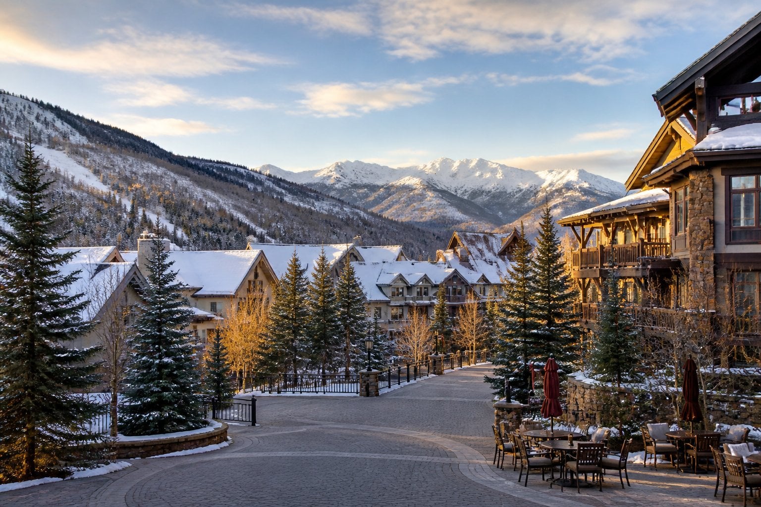 A refined mountain village surrounded by snowy evergreen-covered peaks in Beaver Creek, Colorado.
