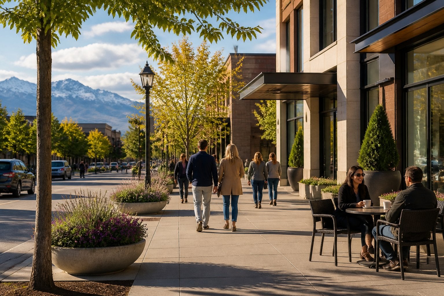 An upscale Cherry Creek shopping district with landscaped sidewalks, pedestrians, and the Rocky Mountains in the distance.