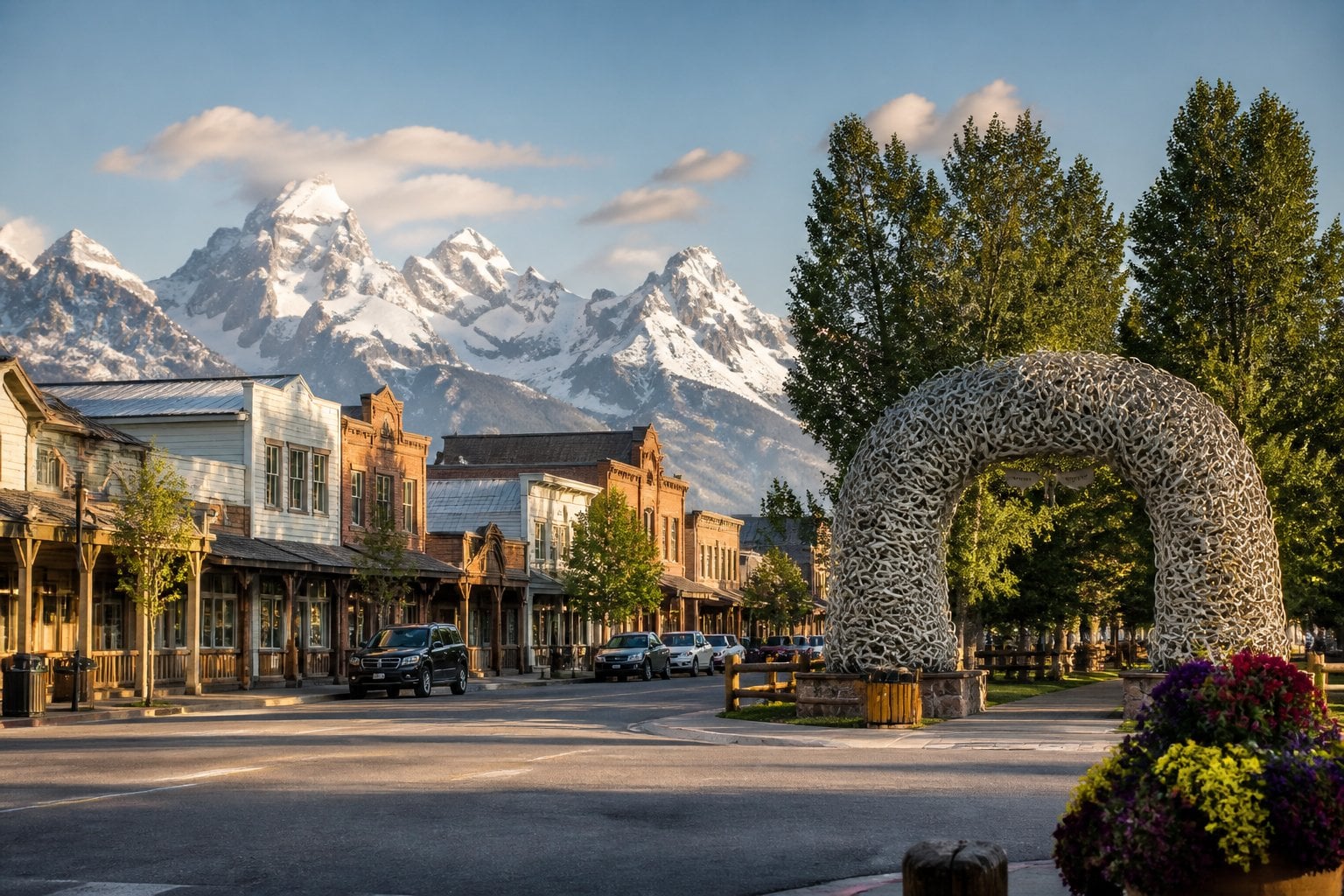 Historic Jackson town square with an elk-antler arch, upscale buildings, and the snow-capped Teton Range in the background.