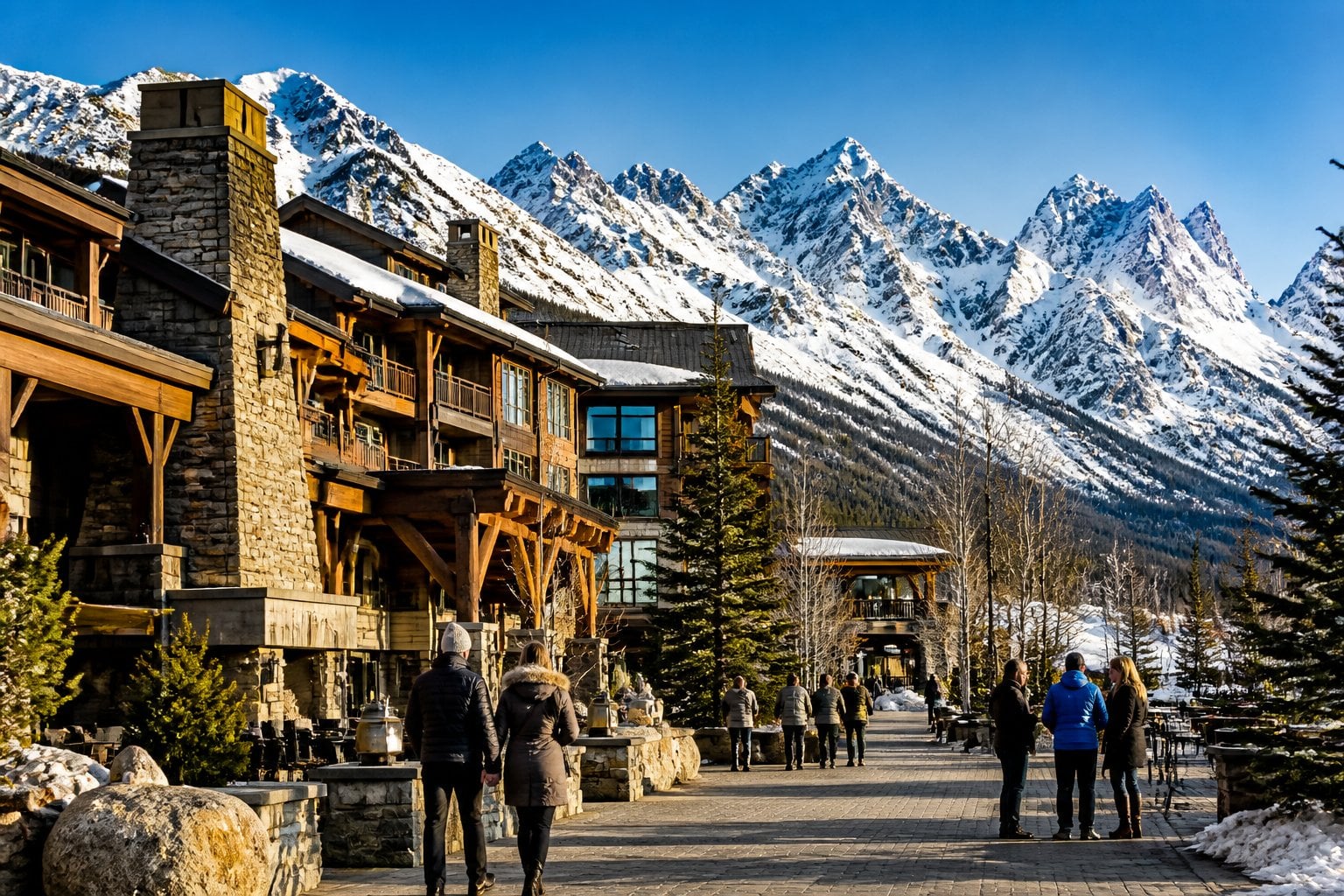 An upscale mountain village beneath the snow-capped Teton Range, surrounded by evergreen forests.