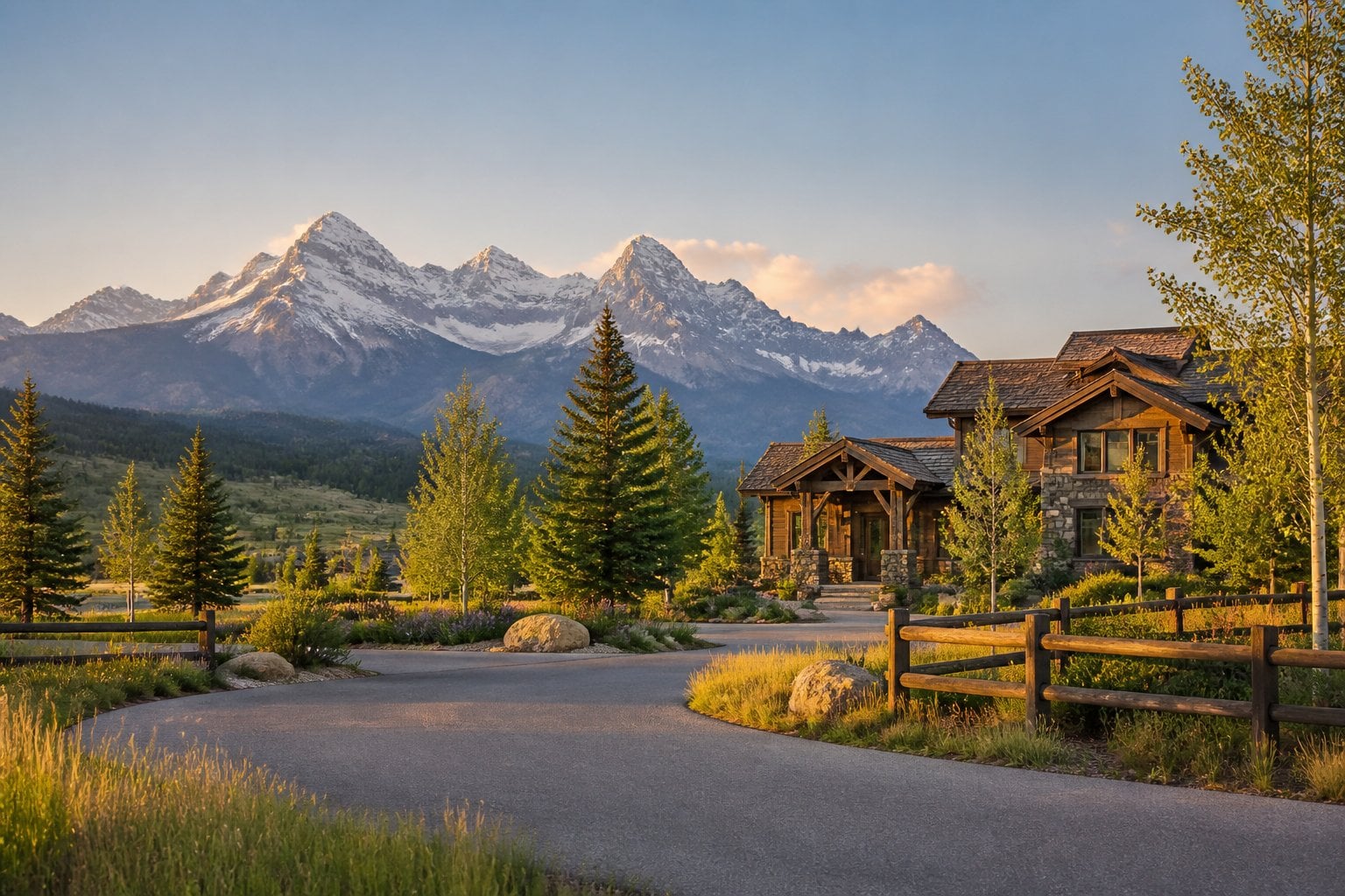 A refined mountain home surrounded by pine trees and meadow, with the snow-capped Teton Range in the background.