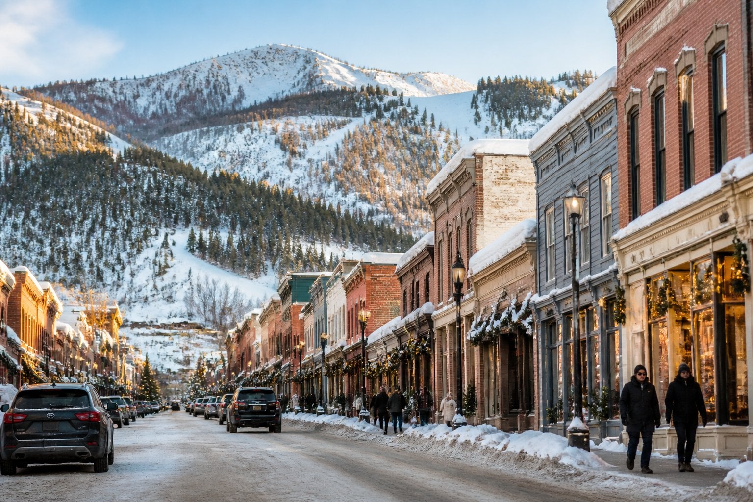 Snow-covered Park City Main Street with historic buildings, pedestrians, evergreen trees, and Wasatch Mountain peaks.