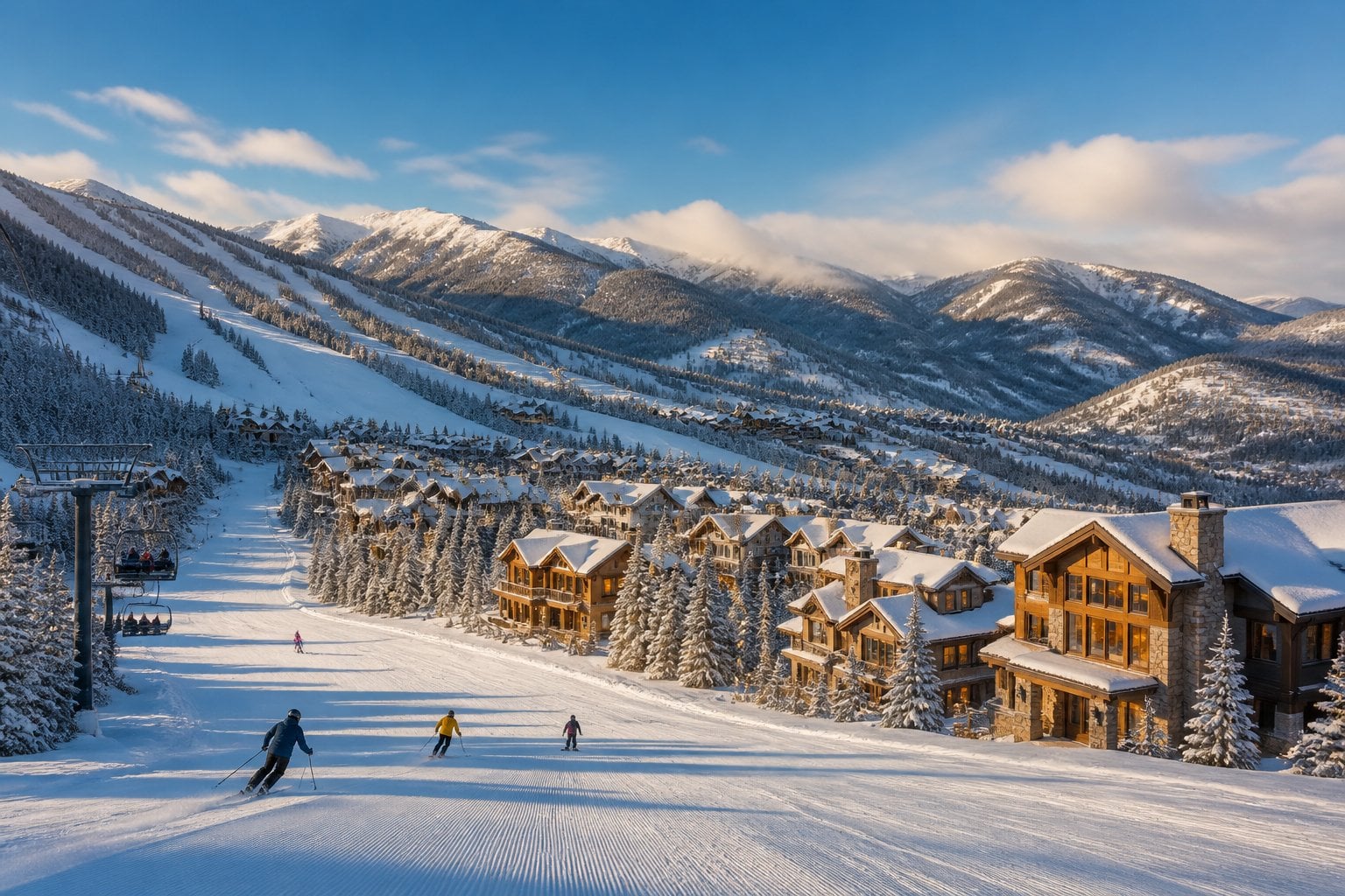 A snowy Deer Valley mountain resort with luxury lodges, evergreen forests, ski slopes, and rugged mountains in the background.