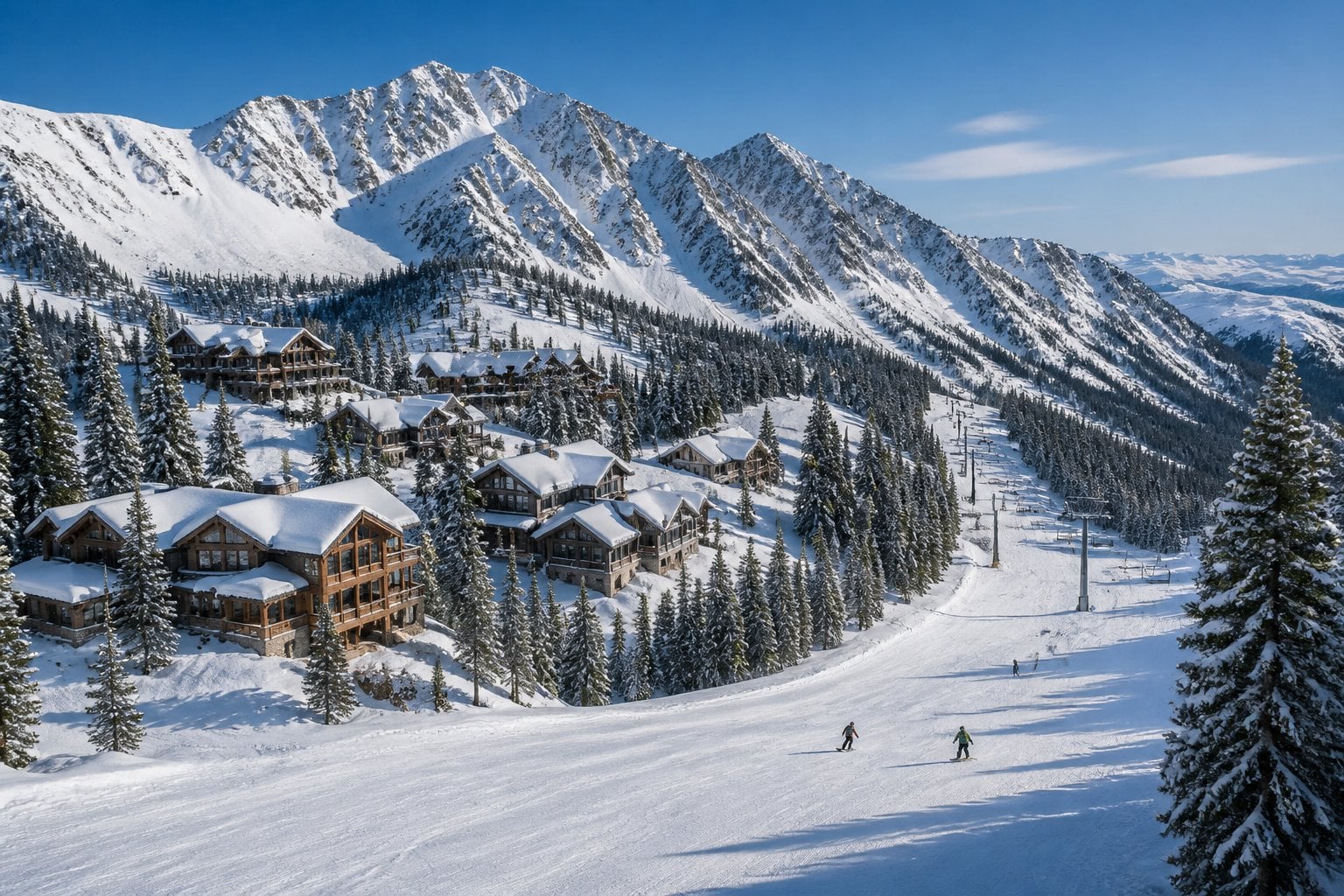 A snowy alpine valley in Alta, Utah, with luxury mountain lodges, evergreen forests, skiers, and rugged peaks.