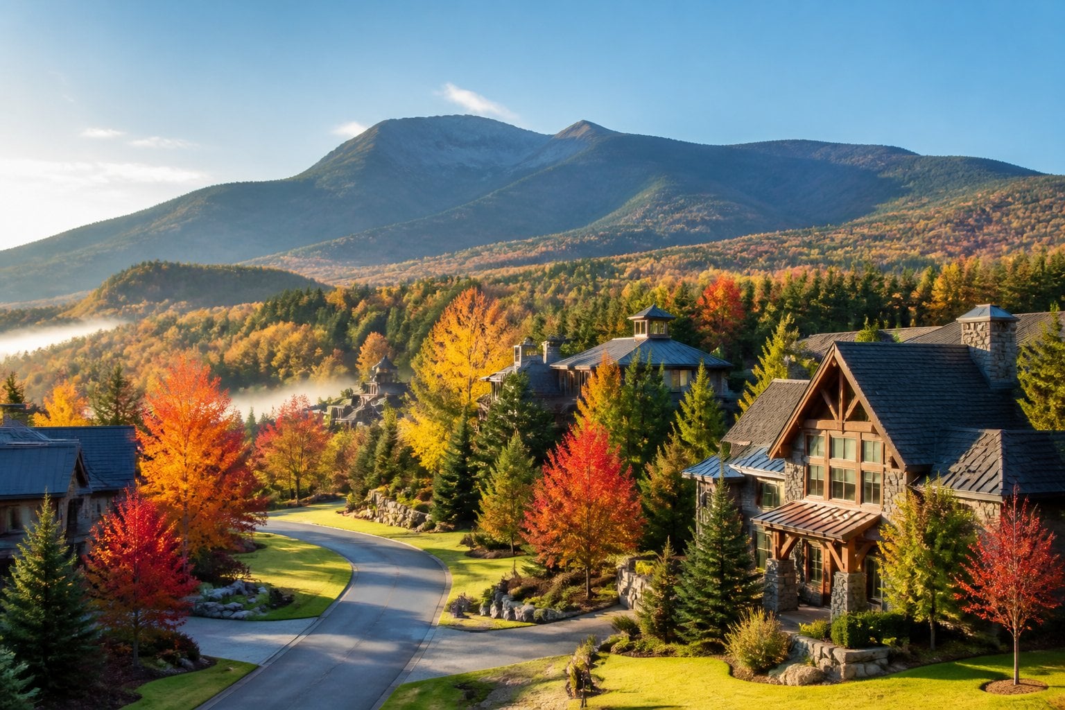 A scenic autumn view of Stowe, Vermont, with mountain homes, colorful foliage, and Mount Mansfield in the background.