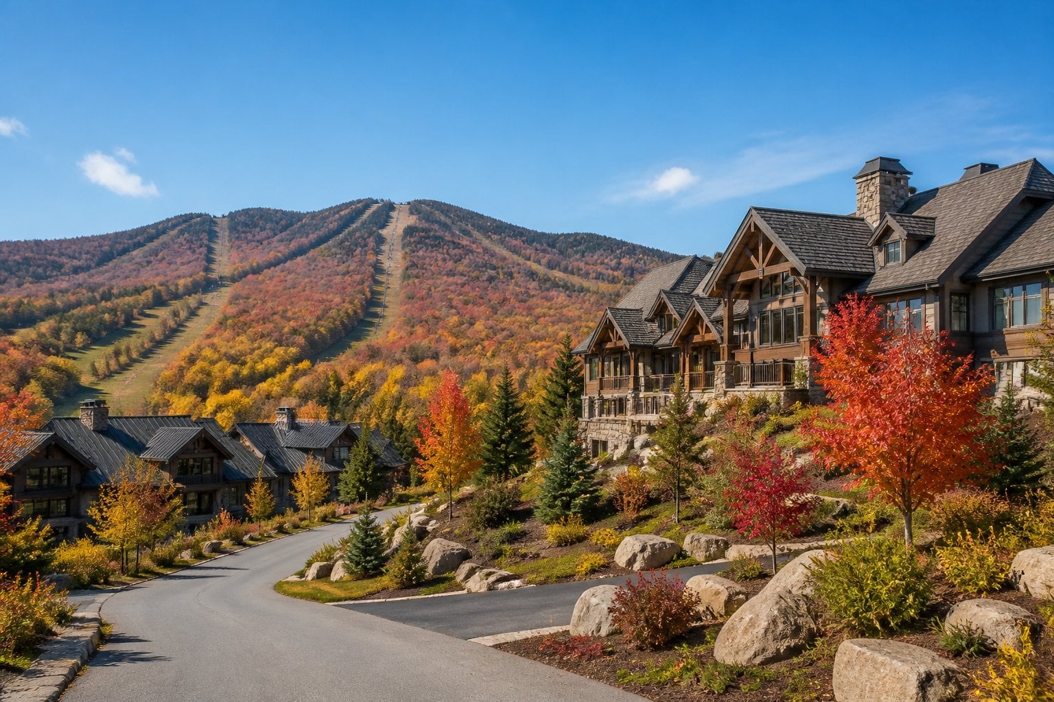 Upscale mountain homes and lodges surrounded by colorful autumn forests in Killington, Vermont.