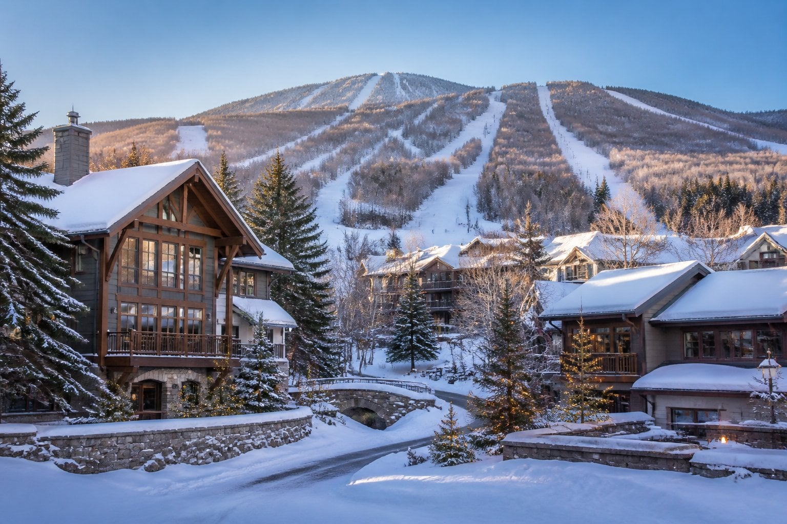 A snowy view of Stratton Mountain with upscale lodges, evergreen forests, and skiers on the slopes.