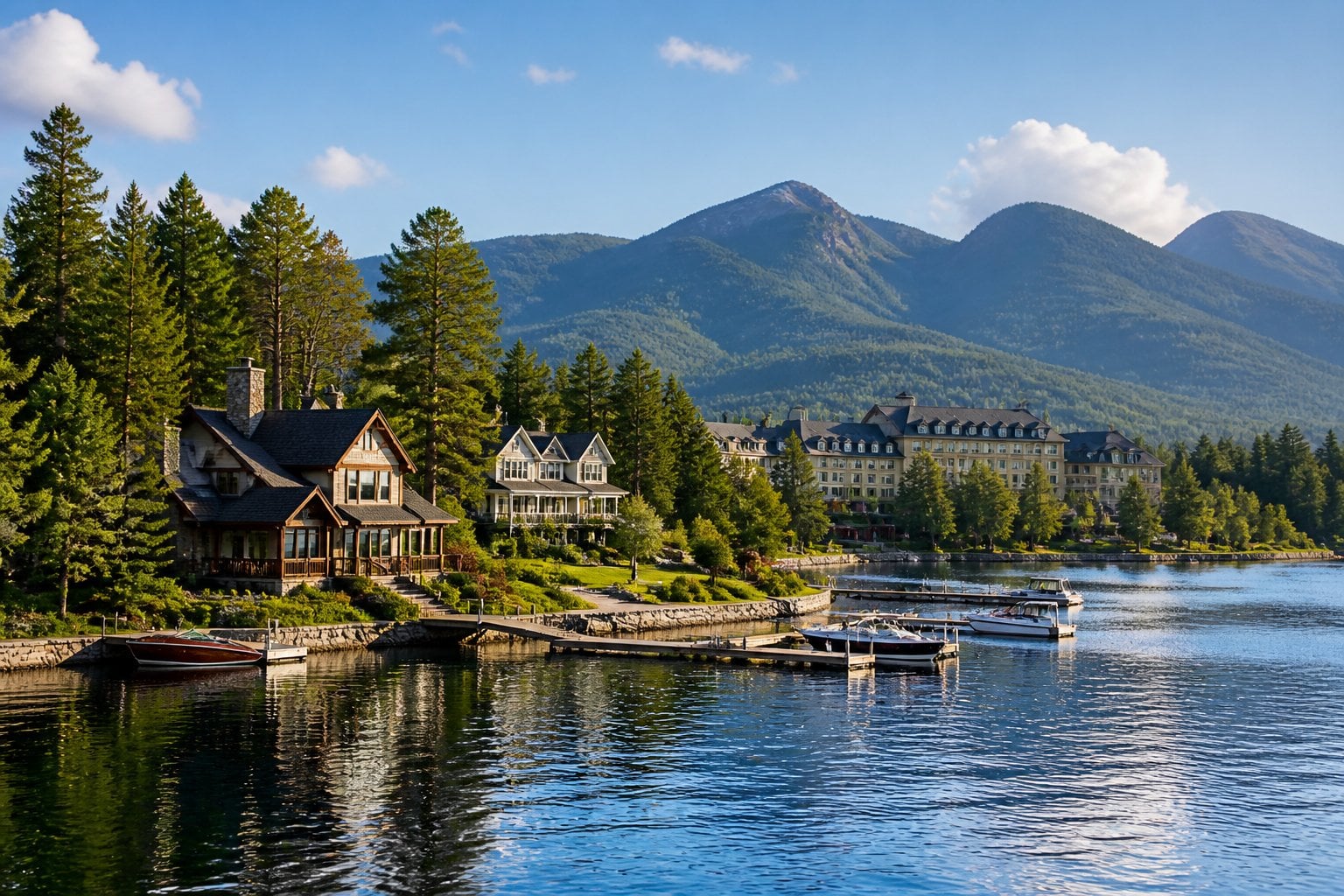 A serene lakeside view of Lake Placid with elegant homes, evergreen trees, and Adirondack Mountains in the background.