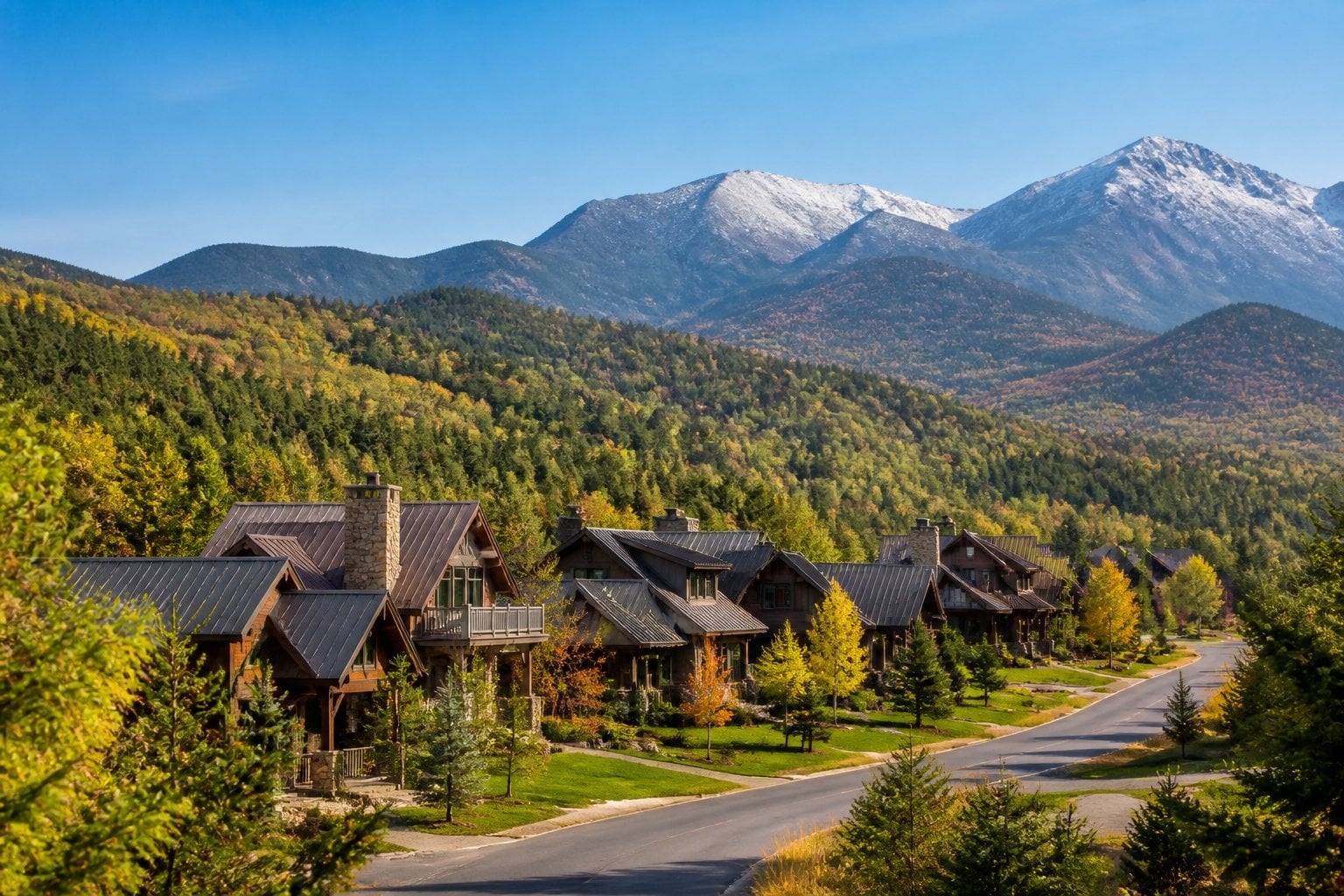 A scenic Adirondack mountain village in North Creek, New York, surrounded by forests and rugged peaks.