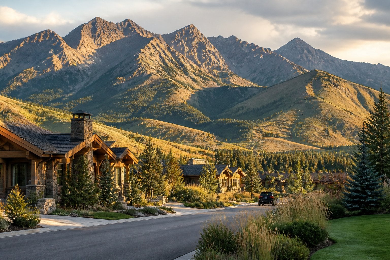 An upscale mountain village in Sun Valley with evergreen trees, elegant lodges, and rugged mountains in the background.
