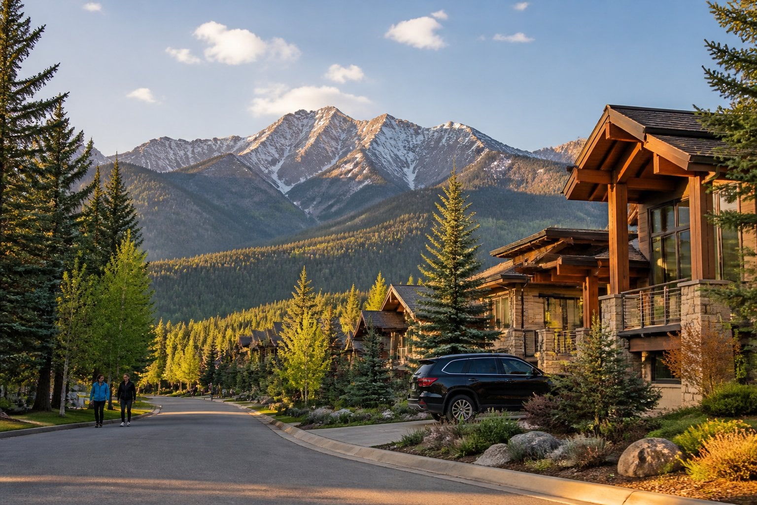 An upscale mountain neighborhood in Ketchum, Idaho, with elegant homes, evergreen trees, and rugged snow-dusted mountains in the background.