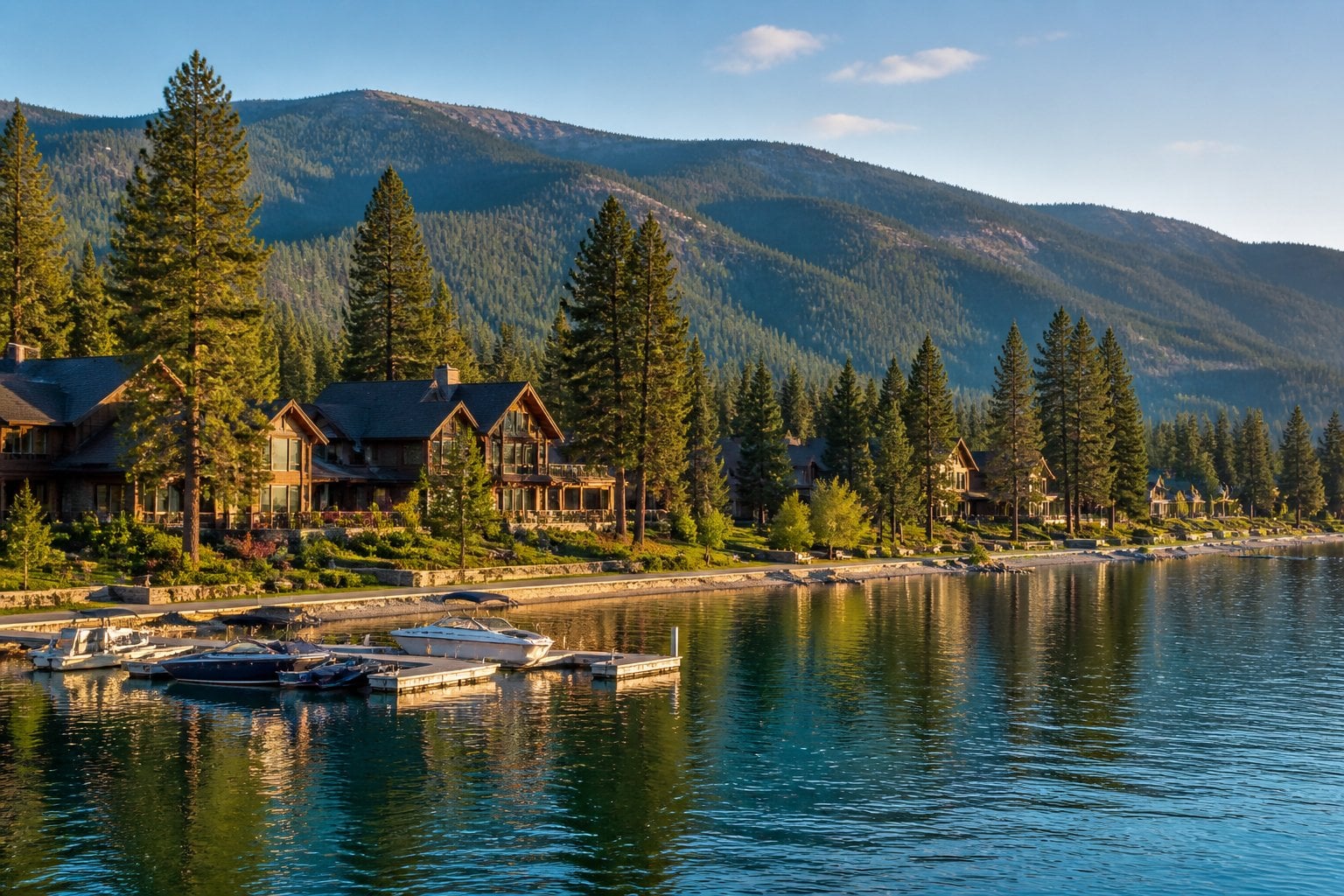 A tranquil lakeside view of McCall, Idaho, with evergreen trees, mountain homes, boats, and forested mountains surrounding Payette Lake.