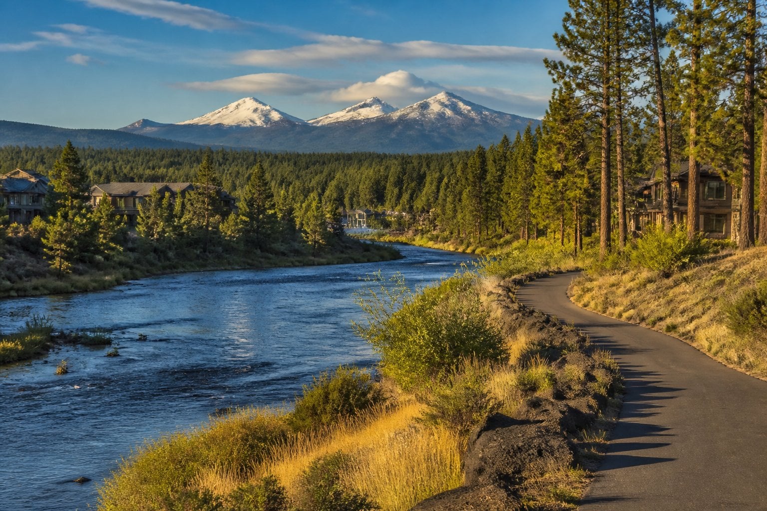 A scenic view of the Deschutes River, pine trees, upscale mountain homes, and snow-capped Cascade Mountains near Bend, Oregon.