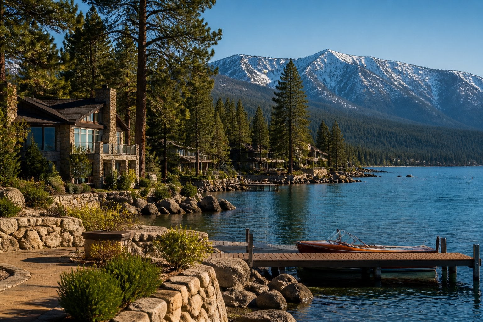 An upscale lakeside neighborhood on Lake Tahoe with pine forests and the Sierra Nevada mountains in the background.