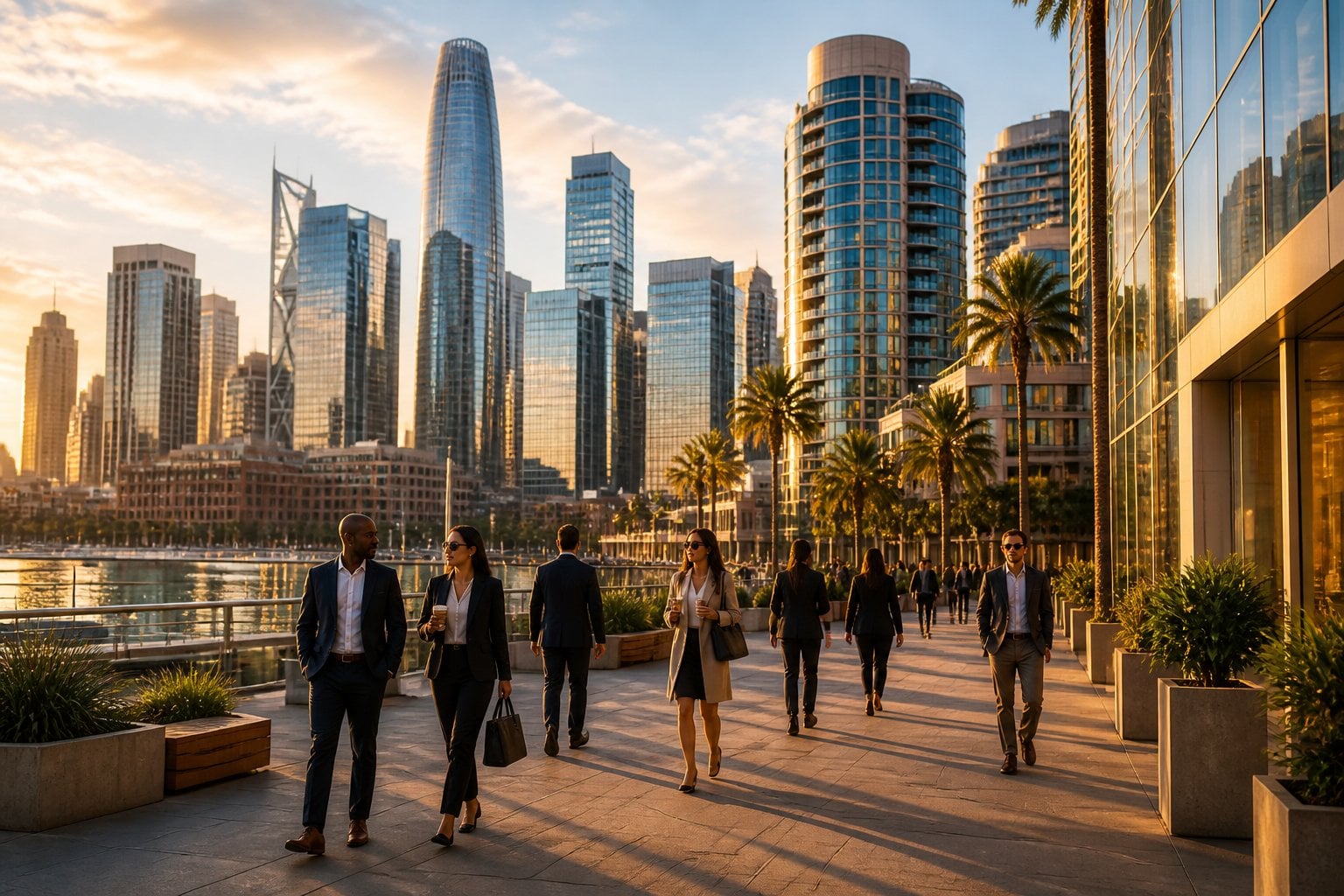 A polished downtown skyline with modern skyscrapers, upscale streets, and professionals walking through a landscaped urban district.