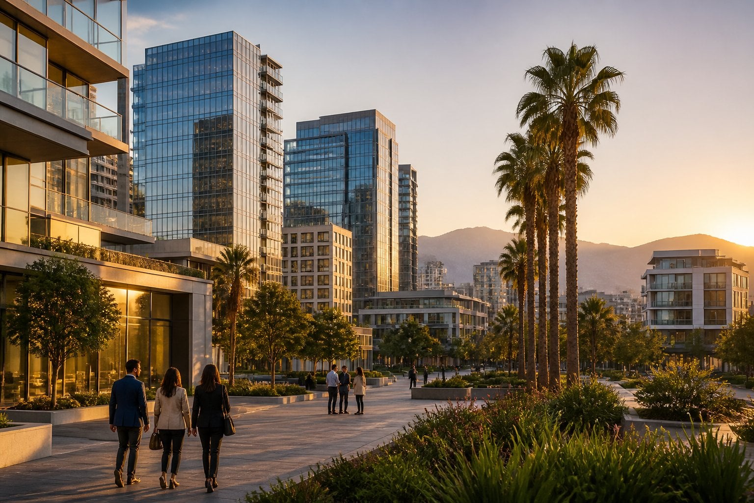 Modern San Jose skyline and upscale streetscape with palm trees and mountains in the background.