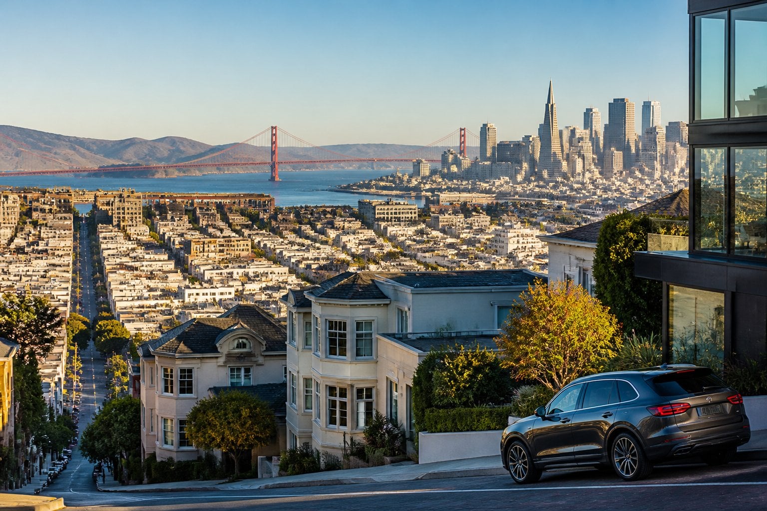 Panoramic daytime view of San Francisco with the Golden Gate Bridge, rolling hills, and an upscale cityscape.