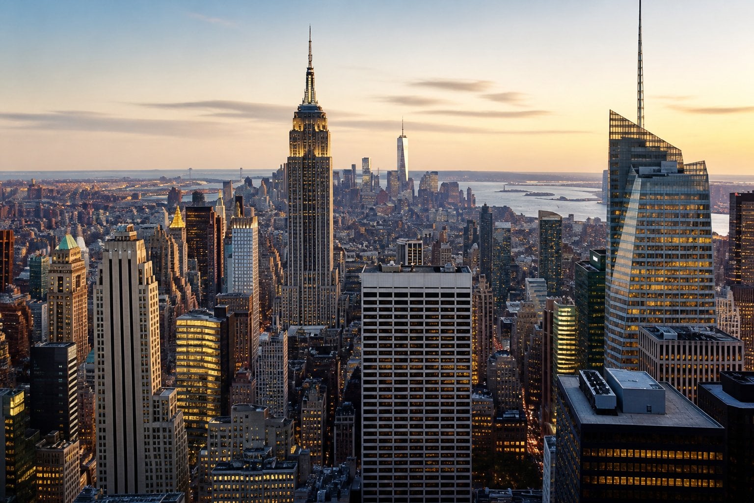 A panoramic view of Manhattan skyscrapers at golden hour, including the Empire State Building and One World Trade Center.