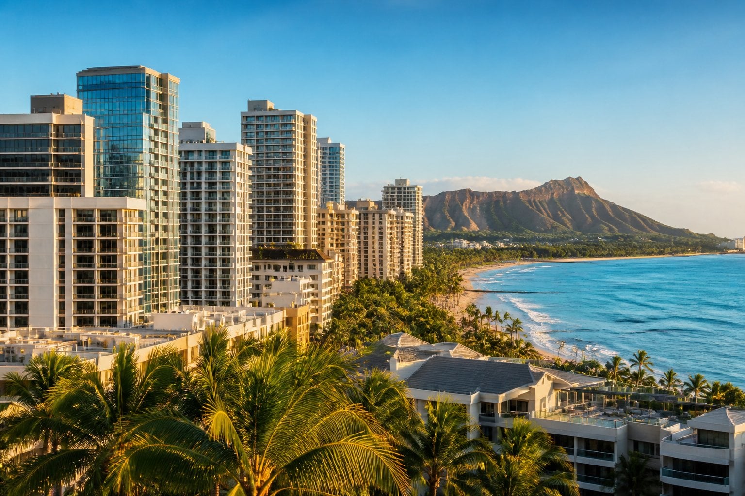 Honolulu’s Waikiki skyline with palm trees, beach, ocean, and Diamond Head in the background.