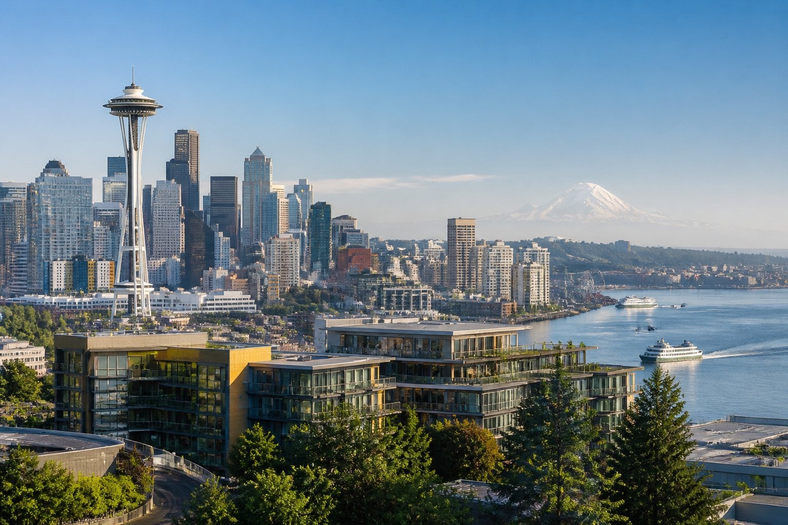 Seattle’s skyline with the Space Needle, waterfront, and distant mountains.
