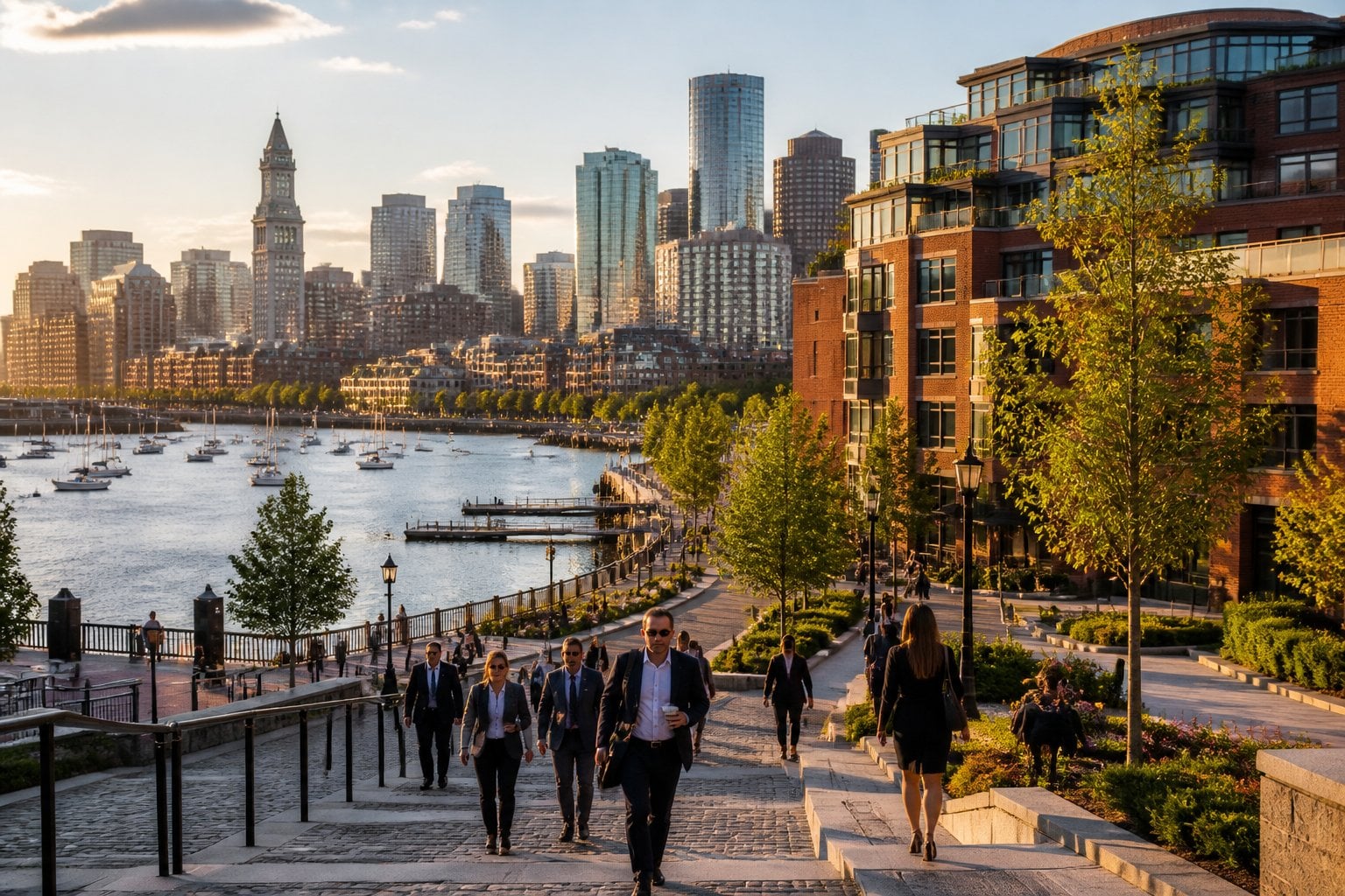 Boston skyline with historic brick buildings, modern towers, and the Charles River at sunset.