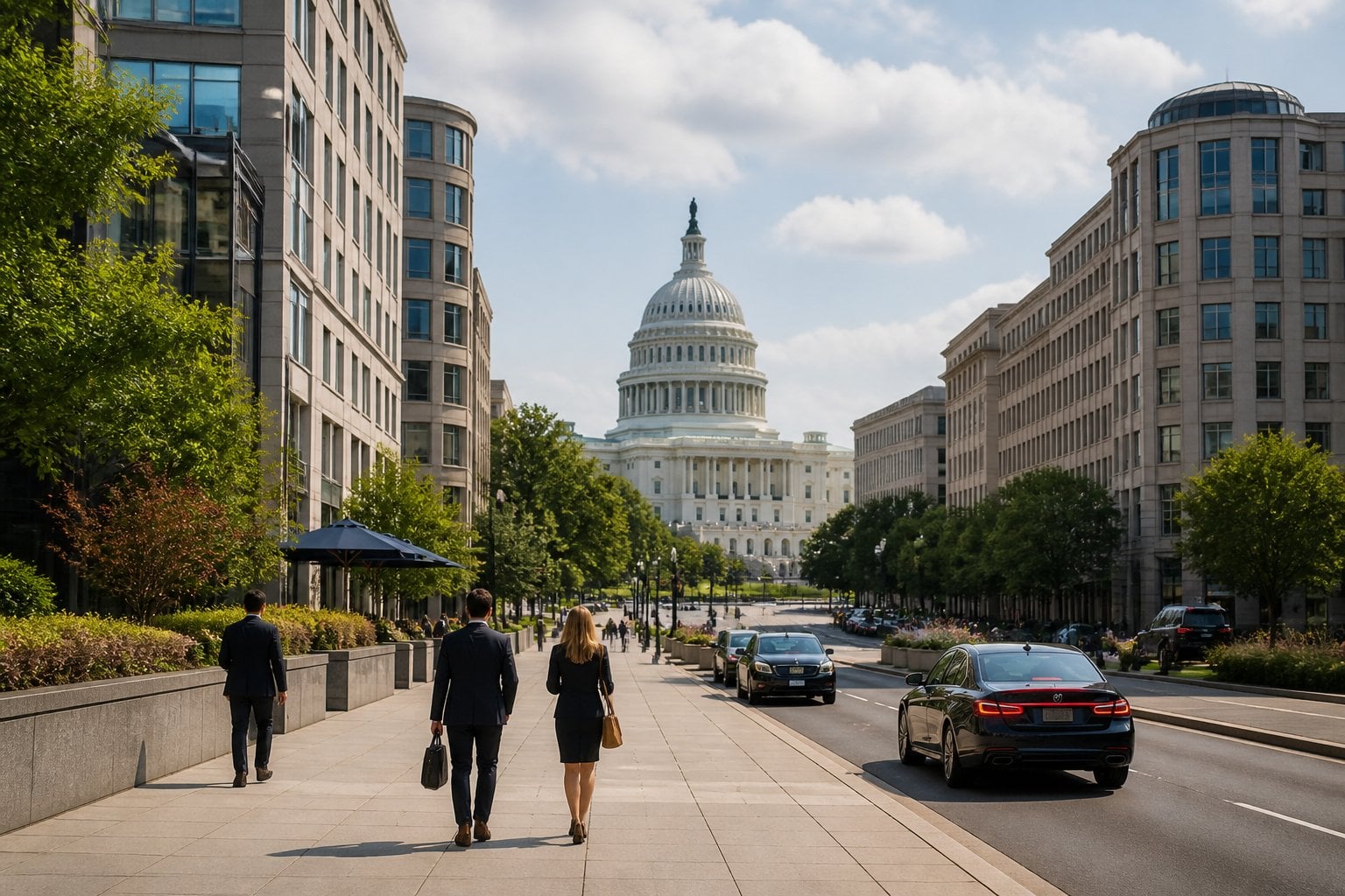 The U.S. Capitol surrounded by upscale urban buildings, landscaped streets, and pedestrians in Washington, D.C.