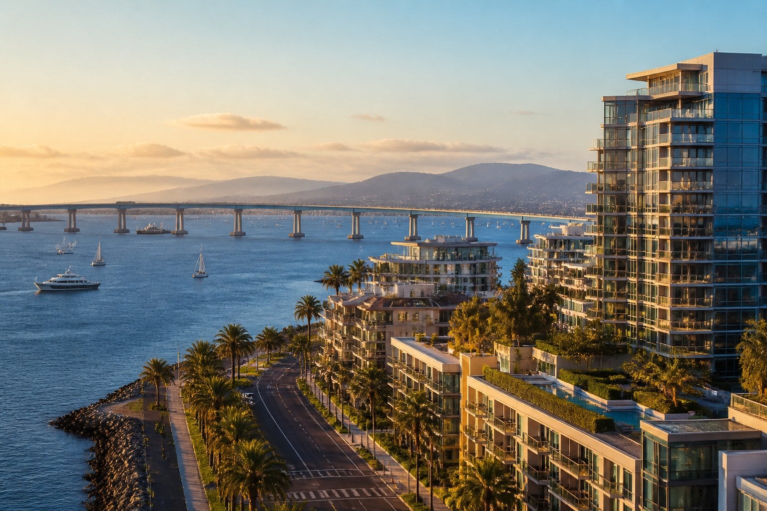 San Diego’s upscale waterfront skyline, palm-lined streets, sailboats, and Coronado Bridge at sunset.