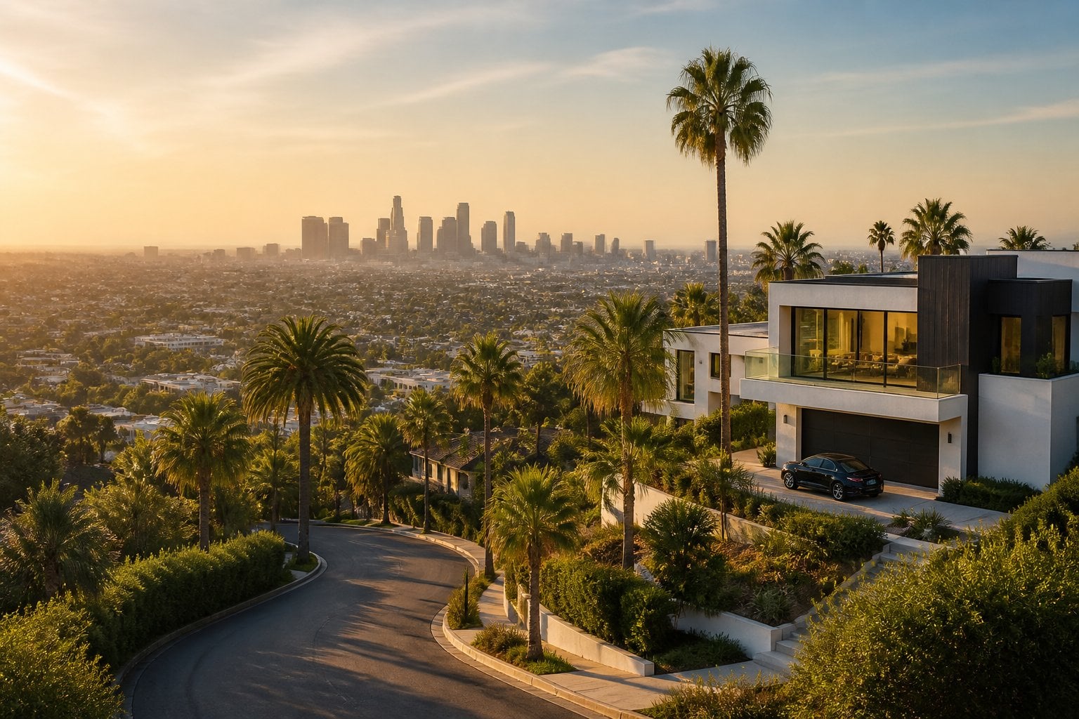 A palm-lined upscale Los Angeles neighborhood with luxury homes and the downtown skyline in the distance.