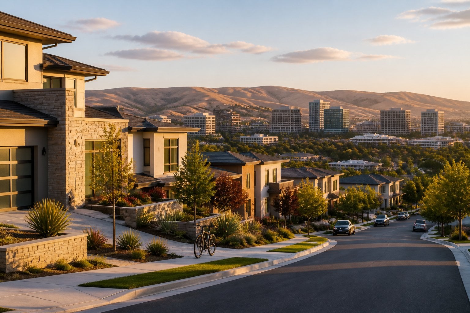 An upscale Fremont neighborhood with modern homes, landscaped streets, and rolling East Bay hills in the background.
