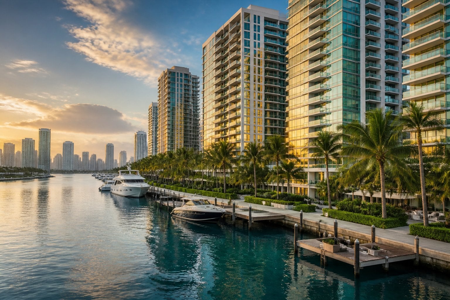 Luxury waterfront buildings, palm trees, yachts, and the Miami skyline at sunset.