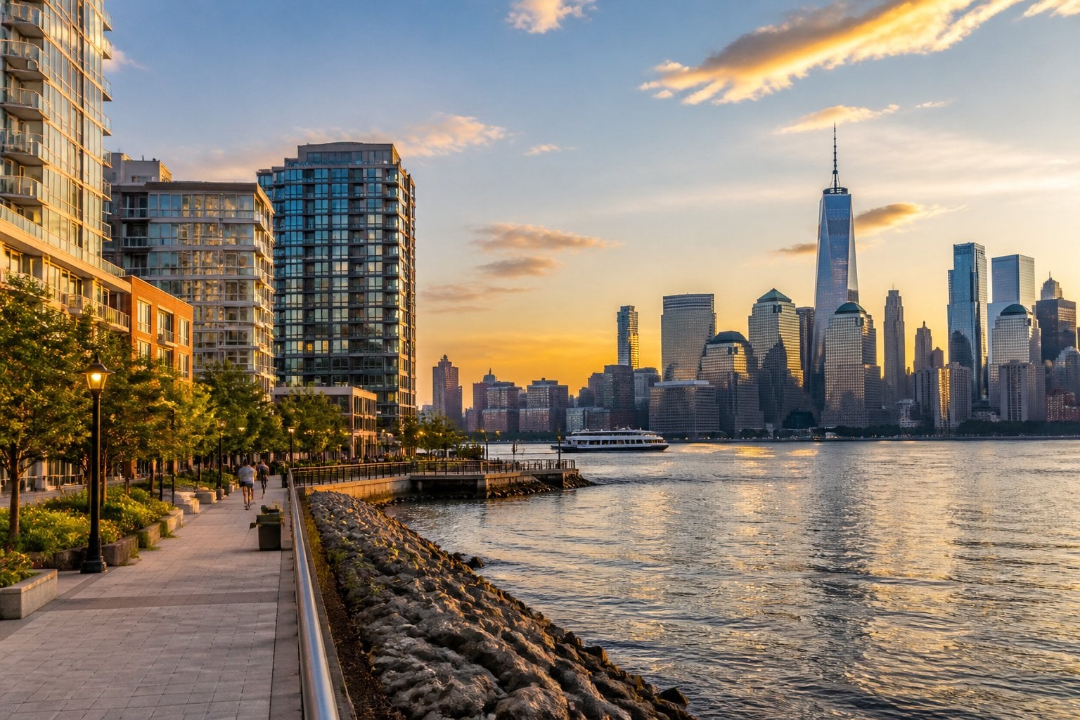 A polished waterfront view of Jersey City with modern towers and the Manhattan skyline across the Hudson River.