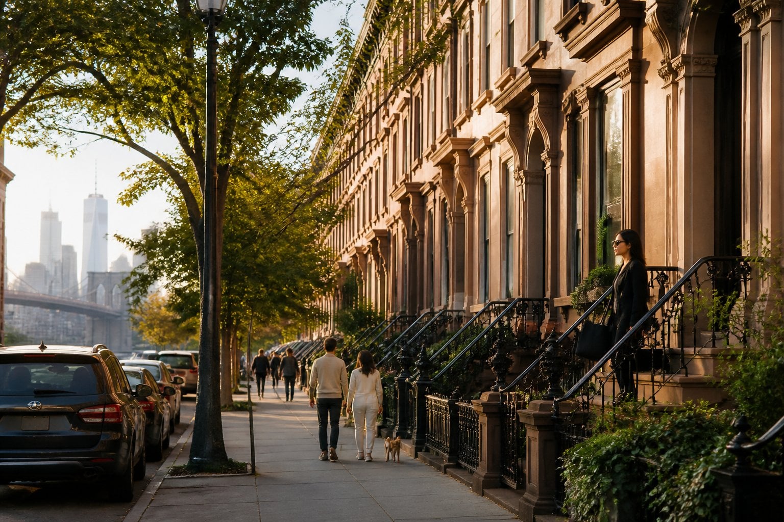 An elegant Brooklyn brownstone street with trees, pedestrians, and the Manhattan skyline in the distance.