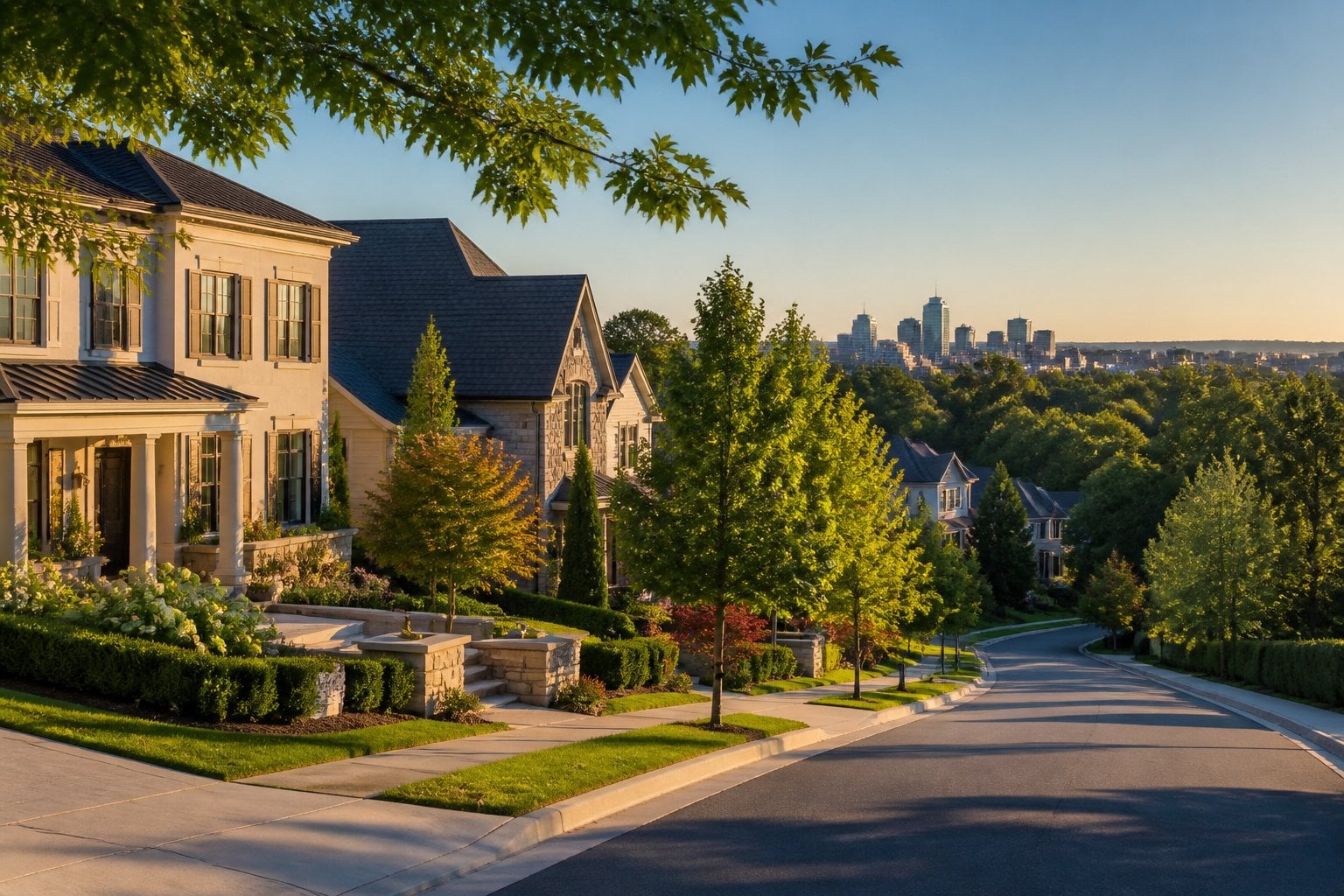 An elegant Virginia suburb with upscale homes, manicured lawns, mature trees, and a distant city skyline.