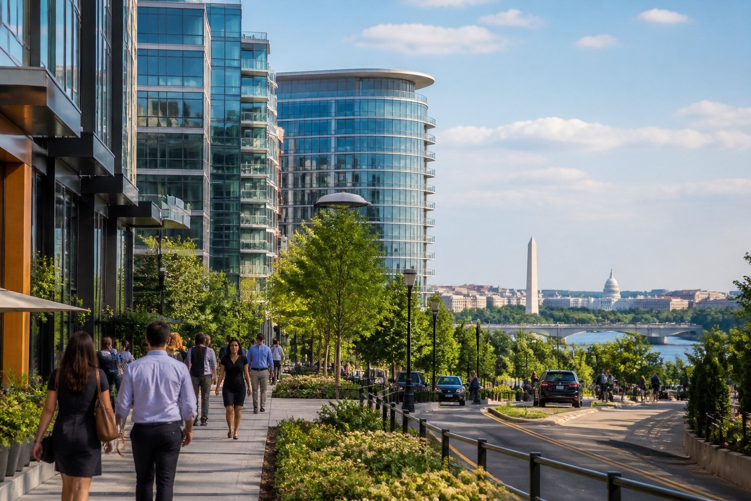 A modern Arlington streetscape with glass buildings, landscaped sidewalks, pedestrians, and the Washington skyline in the distance.