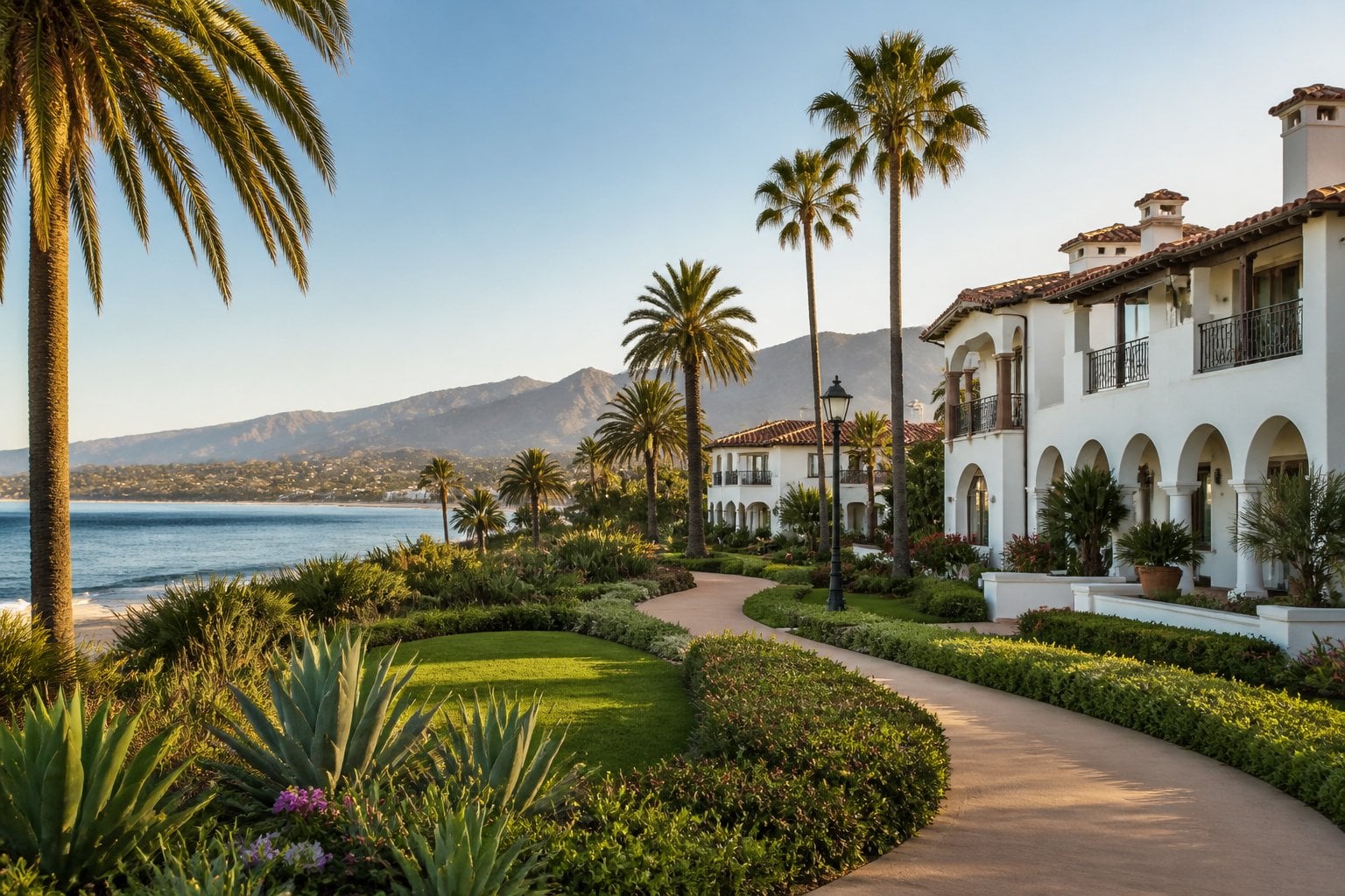 An elegant Santa Barbara coastal neighborhood with white stucco buildings, red tile roofs, palm trees, and the Pacific Ocean.
